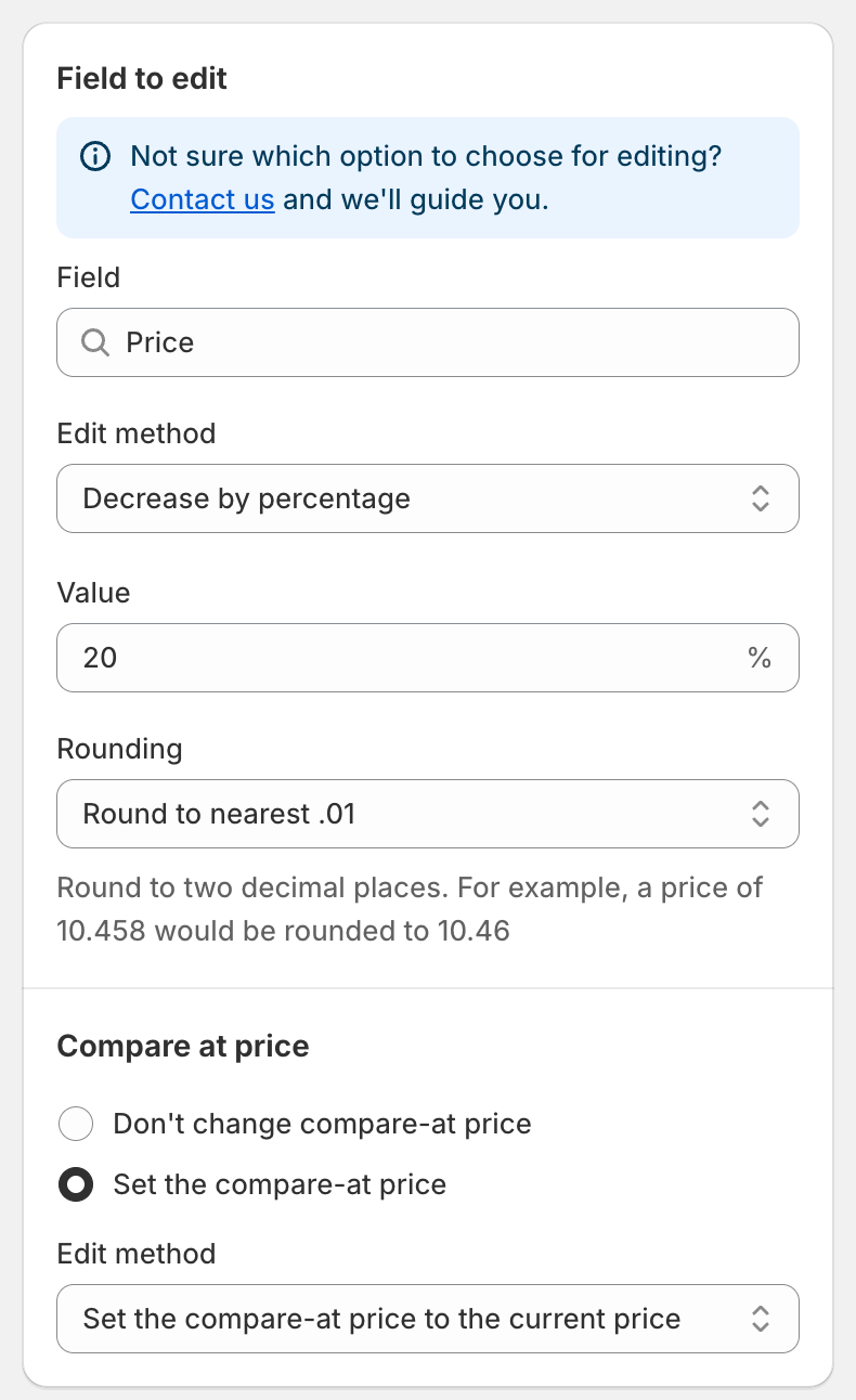 Field to edit card for Price with Decrease by percentage, value, rounding and the compare-at price option