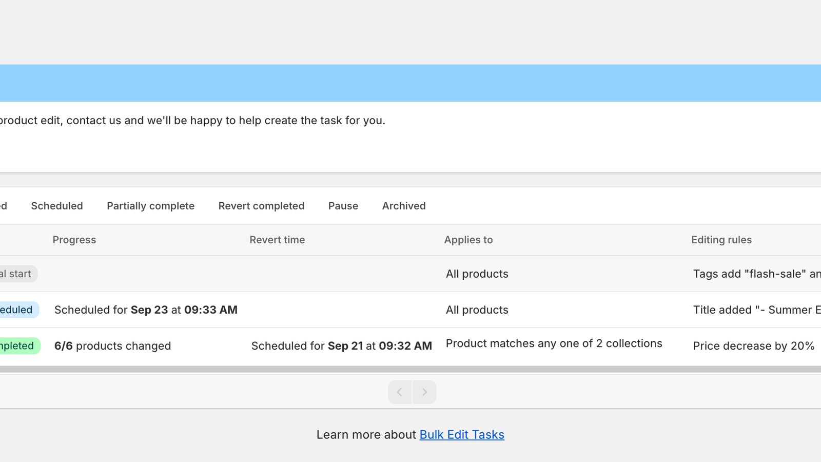 Bulk Edit Tasks list with three tasks in Manual start, Scheduled and Completed status