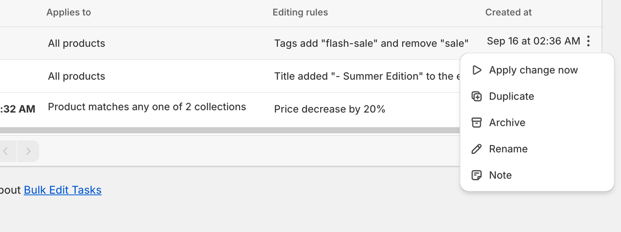 Action menu of a manual-start task: Apply change now, Duplicate, Archive, Rename, Note