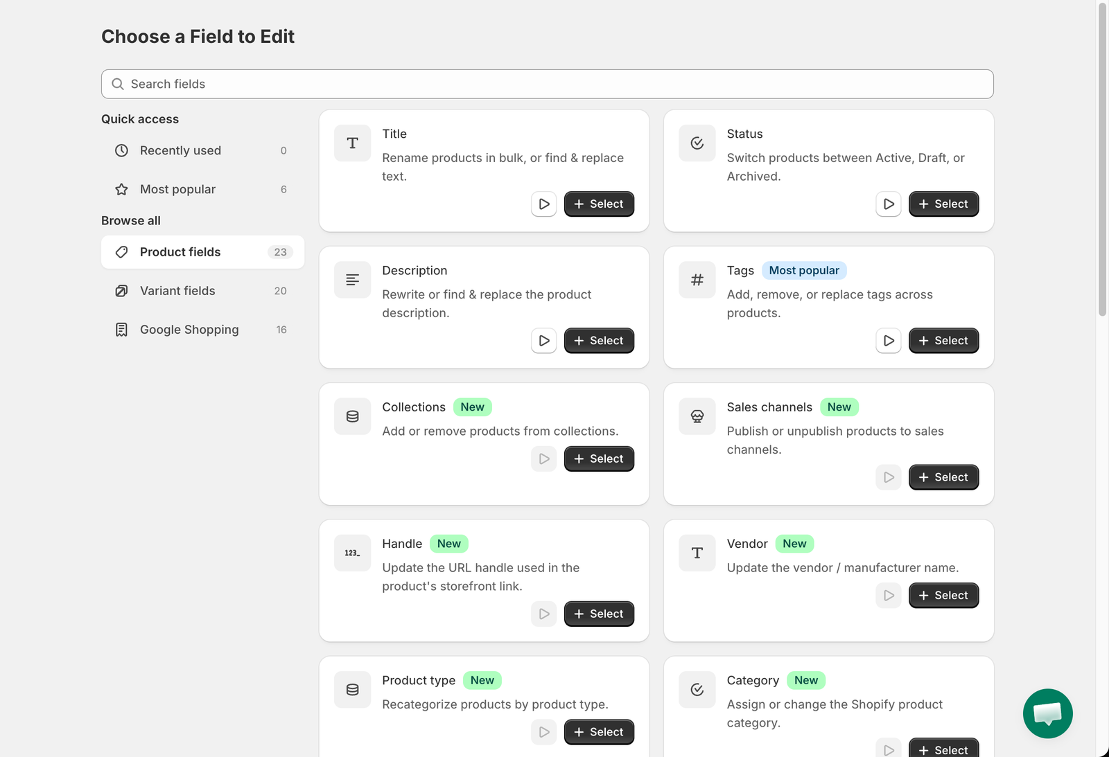 Choose a Field to Edit page listing the product fields