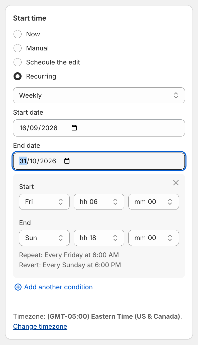 Weekly recurring schedule from Friday to Sunday