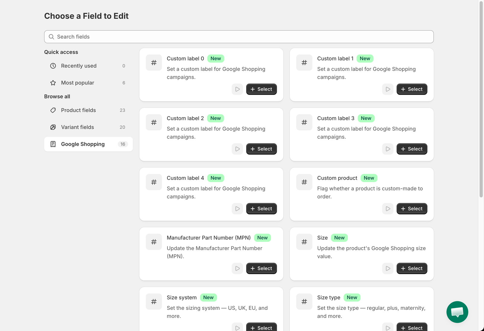 Google Shopping fields on the Choose a Field to Edit page