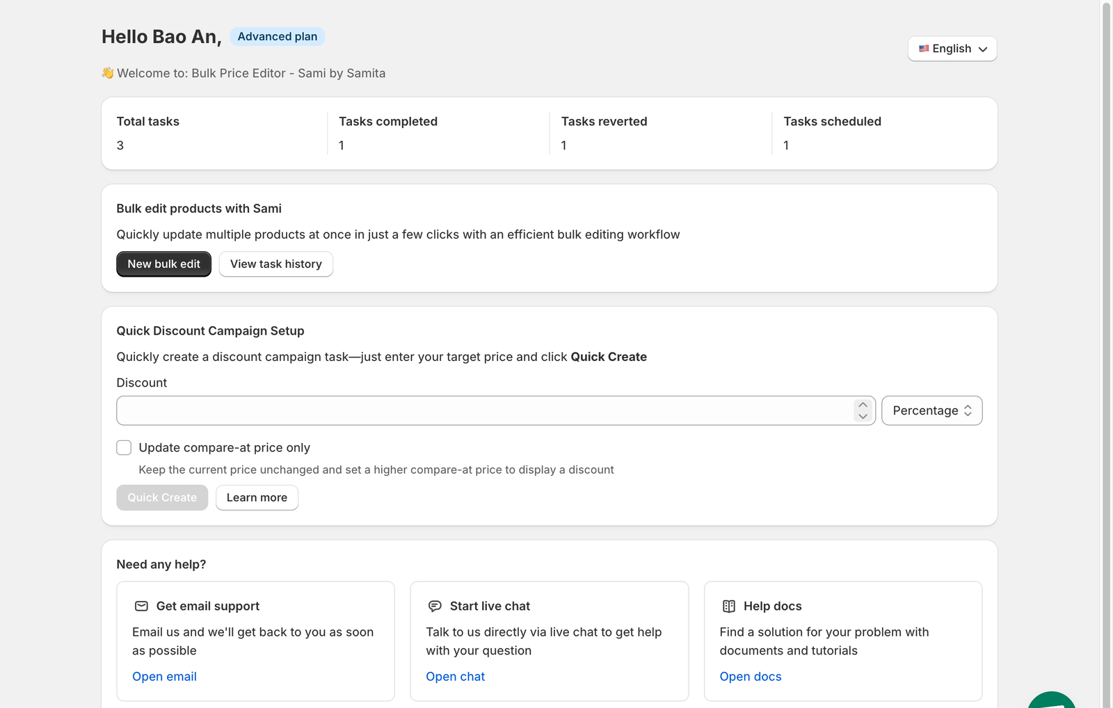 The app dashboard showing task statistics, the New bulk edit button and the Quick Discount Campaign Setup card