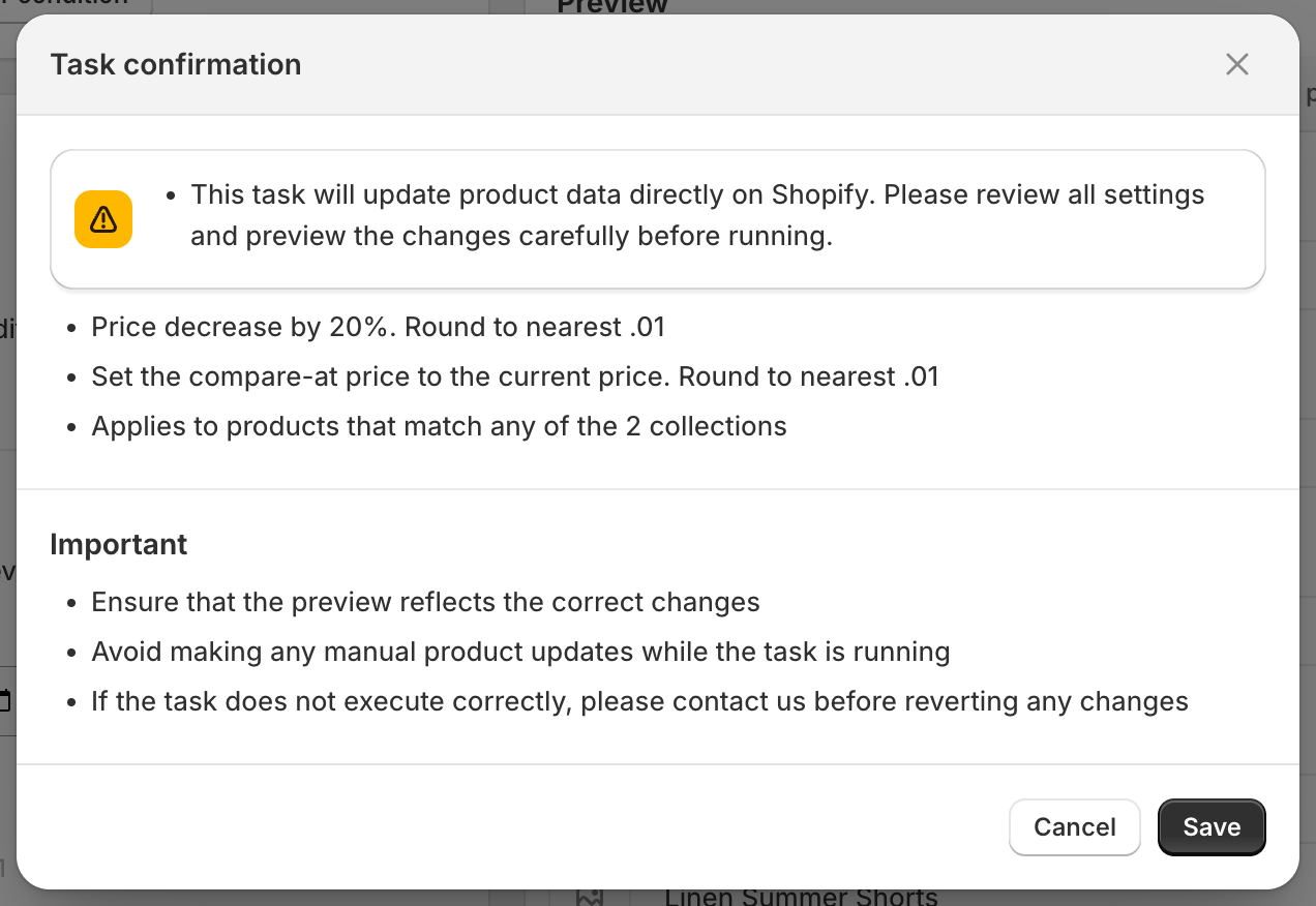 Task confirmation dialog summarising the edit, the products it applies to and important notes