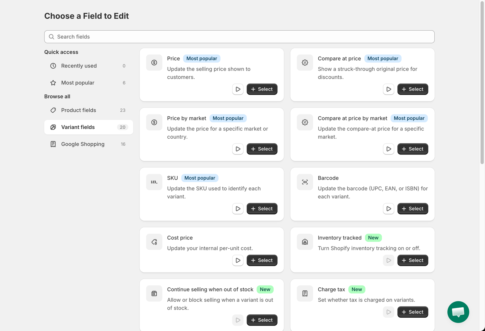 Choose a Field to Edit page with the Variant fields group open