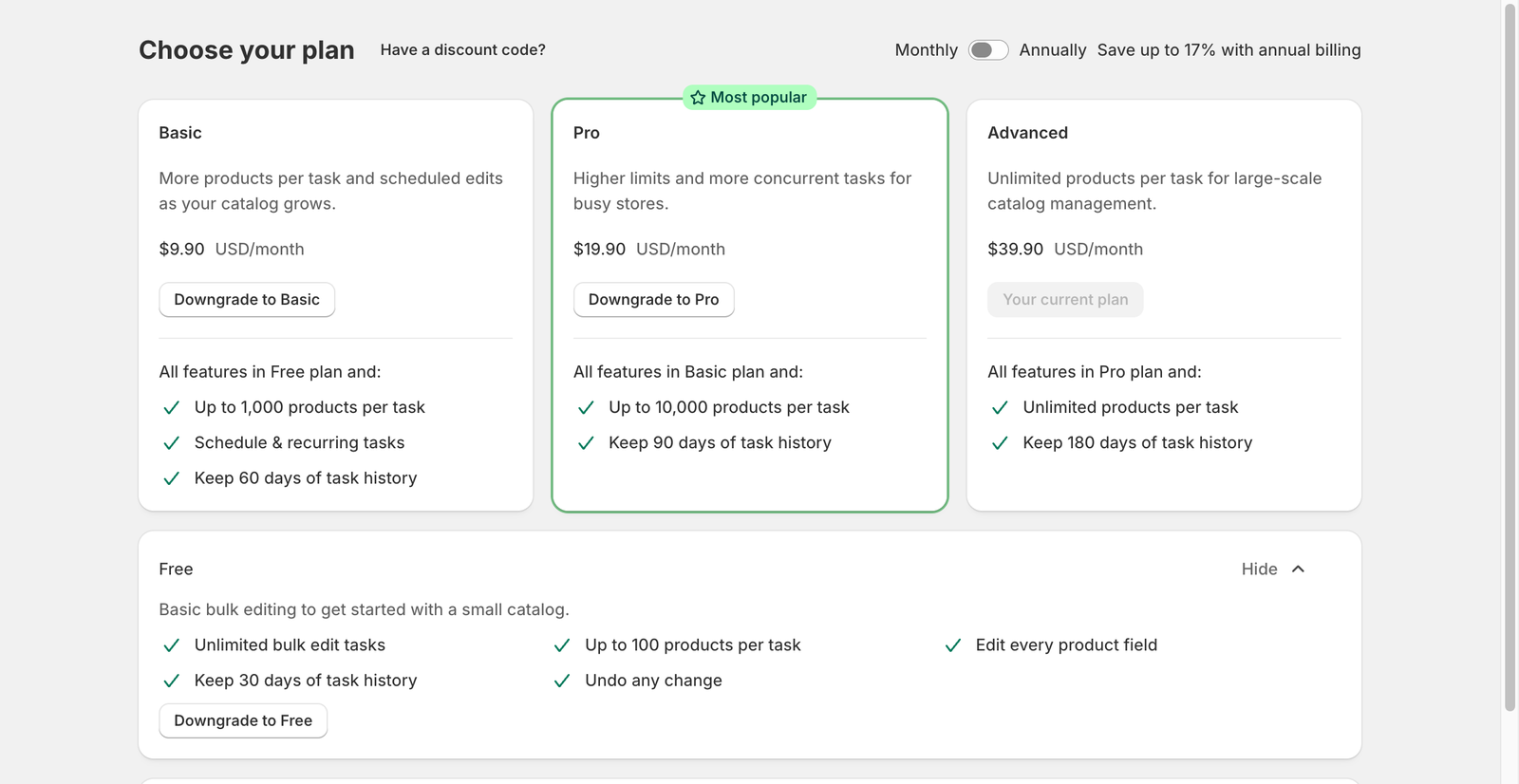 Choose your plan page with Basic, Pro and Advanced cards and the Free plan row
