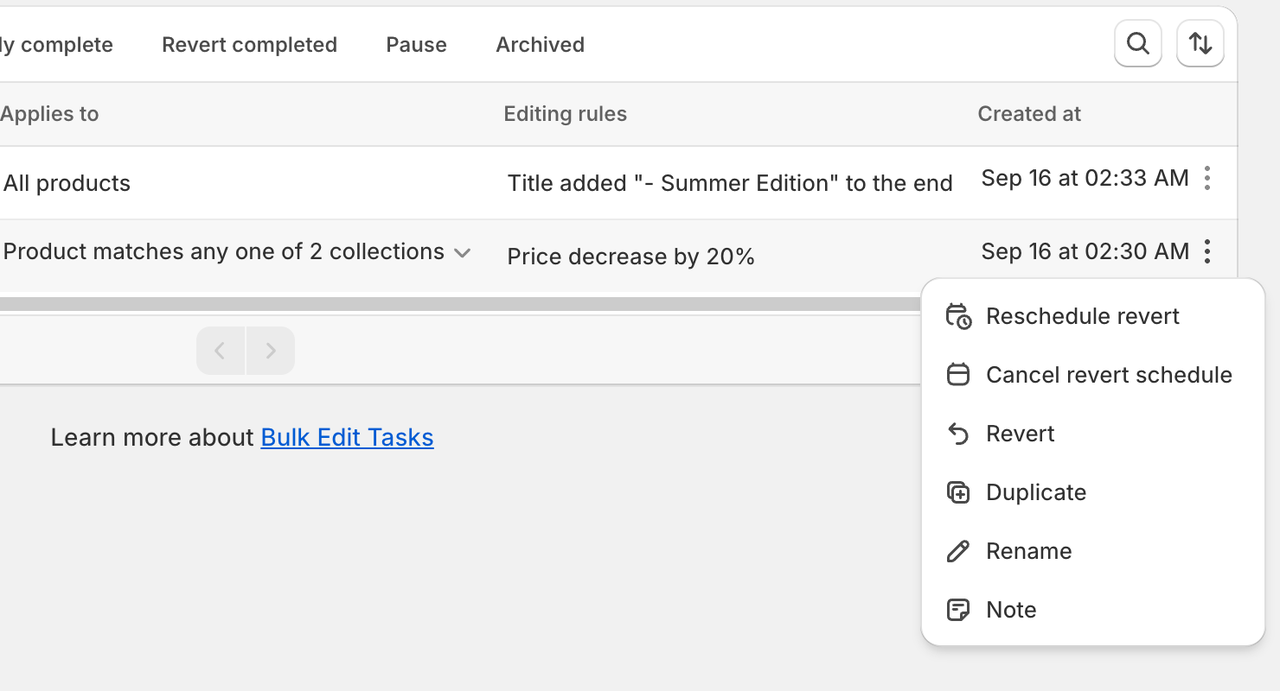 Action menu of a completed task: Reschedule revert, Cancel revert schedule, Revert, Duplicate, Rename, Note