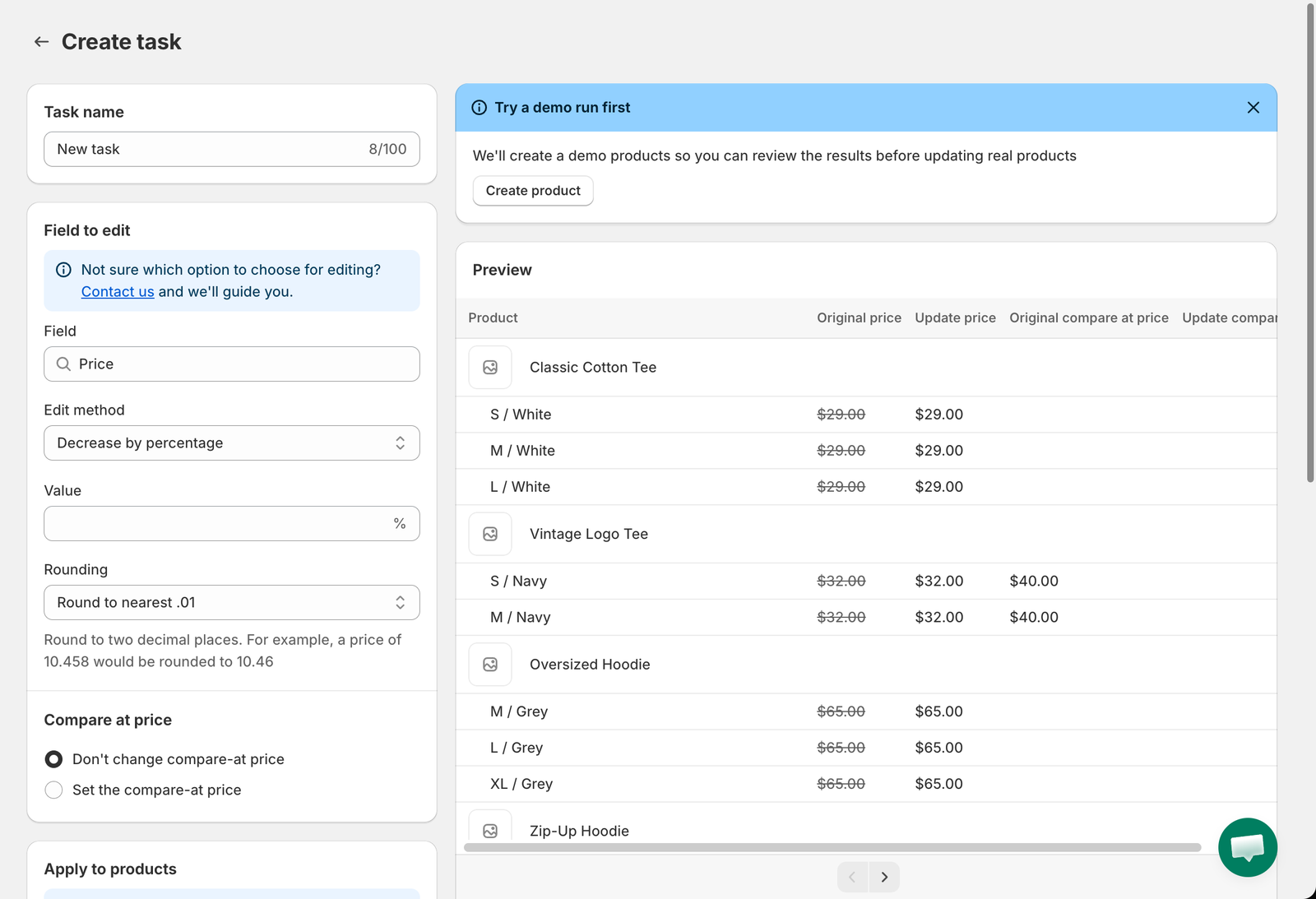 The Create task page: Task name and Field to edit on the left, the demo banner and Preview on the right